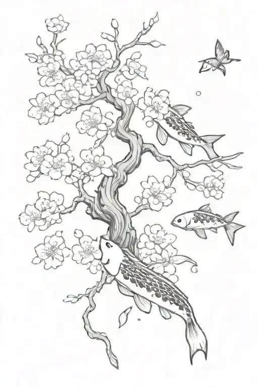 Cherry Blossom Tree With A Koi Swimming Upwards