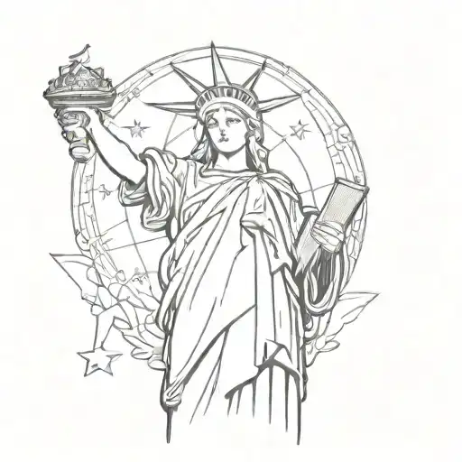 A Tattoo Design Of Liberty Statue With Modern Background