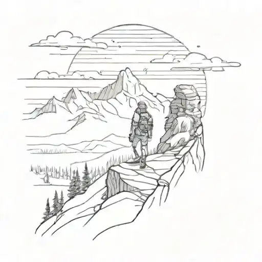 Hiker Far Away With Mountains And Sunset Sky