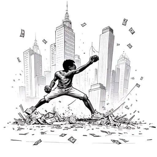 Black Kid Fighting In A City With Big Buildings Collapsing And Money