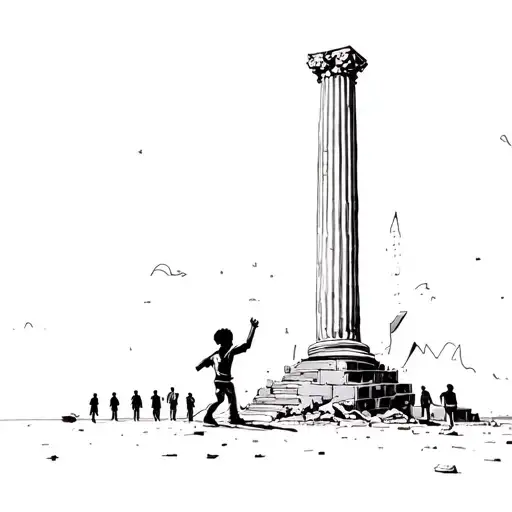 Black Kid Aventuring In A Big City With Ruined Column And People Watching Him