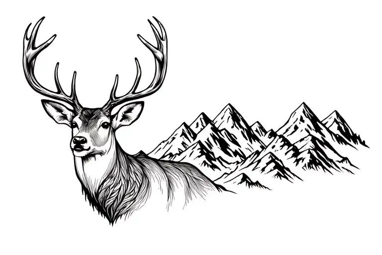 Deer Head With Mountian Range Surrounded