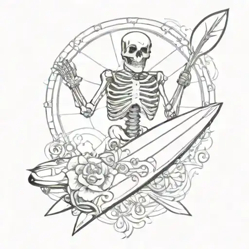 A Skeleton Holding A Surfboard With A Clock In The Background