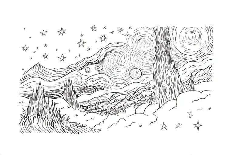 Fine Line Tattoo Starry Night Van Gogh Starry Night