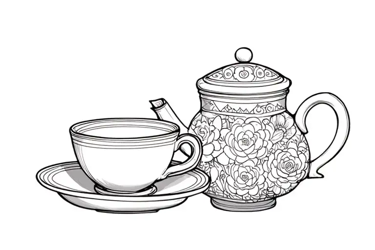 Fine Line Tattoo Kawai Teapot And Cup