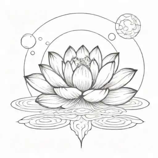 A Sketch Of A Lotus Flower Reflecting The Moonlight