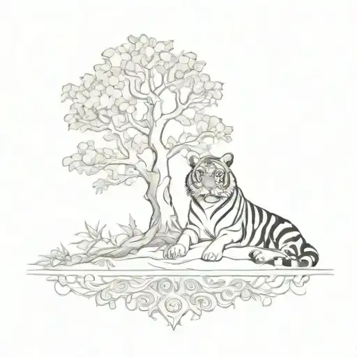 Tree Of Life With Tiger Laying At The Base