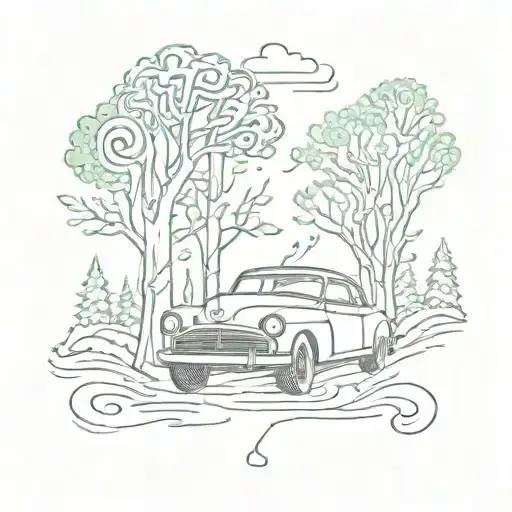 A Vintage Car Driving Through A Forest With Music Notes Floating In The Air