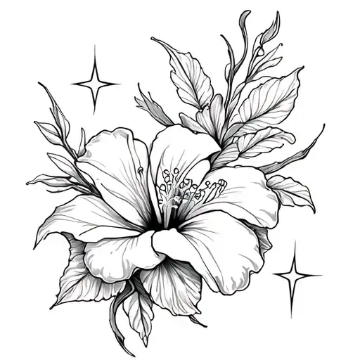 Hibiscus And Tiger Lily Flower With Stars Forming