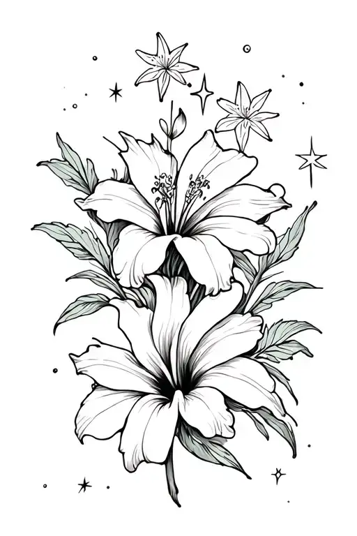 Hibiscus And Tiger Lily Flower With Stars Forming