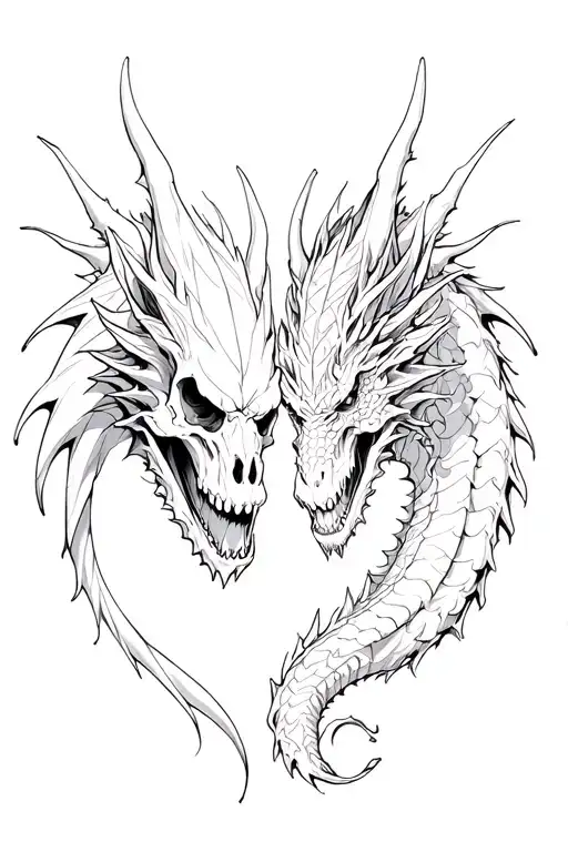Dragon With Skull Facing Each Other Half