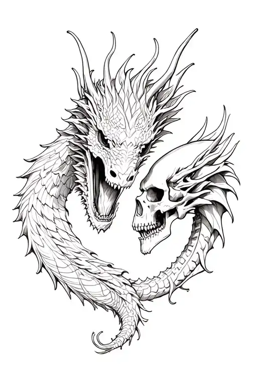 Dragon And Human Skull Facing Each Other Half Sleeve