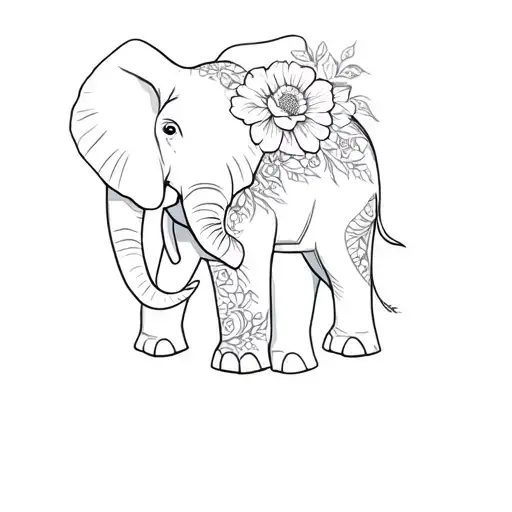 A Tattoo Of An Elephant And Flowers