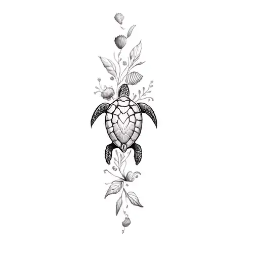 Turtle With Seashells And Flowers