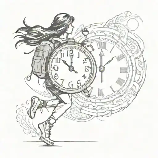 Woman Silhouette With Backpack Running Towards A Clock