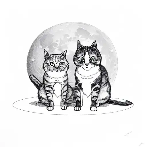 Two Cats Sitting On A Moon One Black Cat And One White