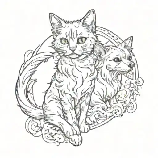 A Tattoo Design Of A Cat And A Yorkie Playing Together In A Sketch Style