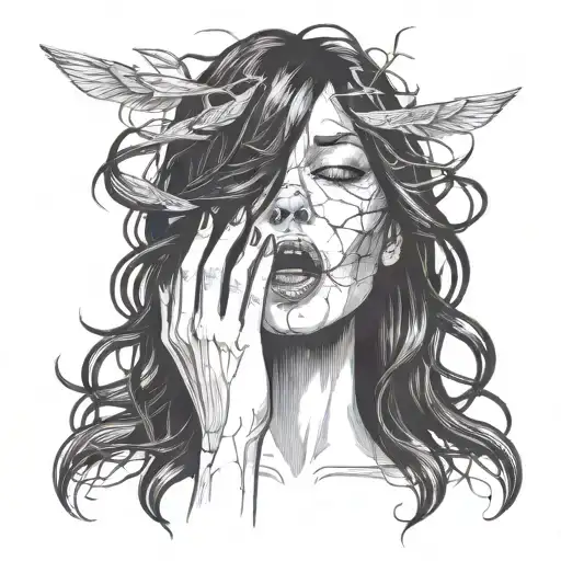 Woman's Head With Long Black Hair With Her Mouth Open And Two Thin Hands Coming Out Of It