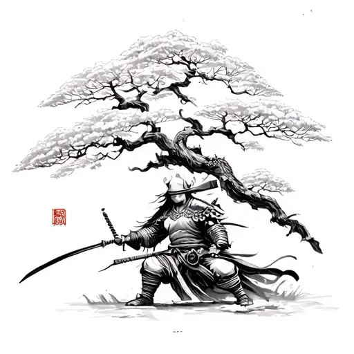 Tree Sakura And Samurai Warrior Wielding