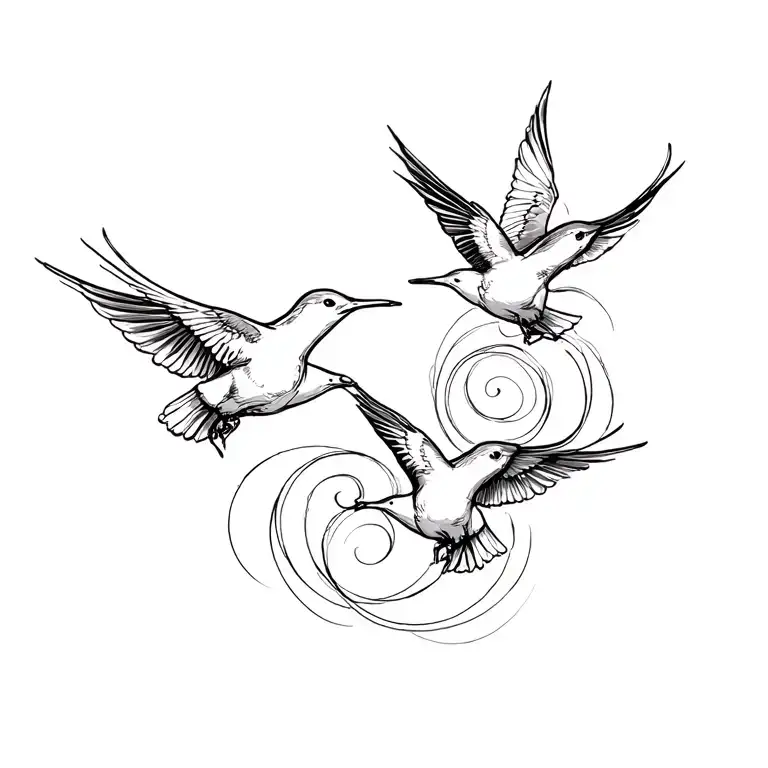 Swirls And Lines With 3 Swallows Flying