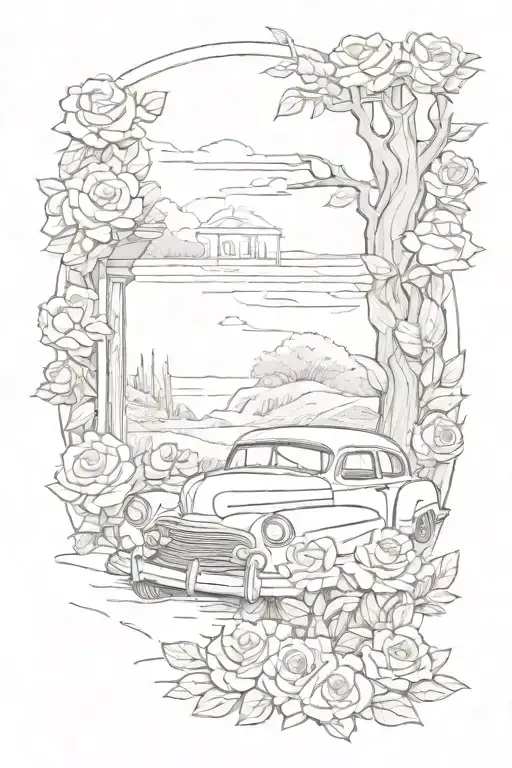 Sketch A Dreamy Scene Of A Rose Garden Surrounding A Vintage Car Parked On The Beach