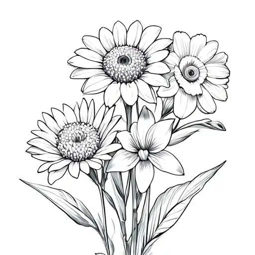 2 Chrysanthemums 2 Daffodils 1 Daisy And 1 Iris Flowers In A Bunch