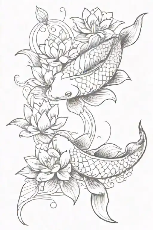 Koi Fish Swimming Around A Lotus Flower Intertwined