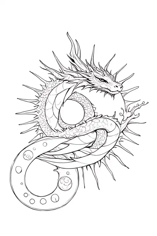 Dragon Wrapped Around Sun And Bunny With Moon Phases