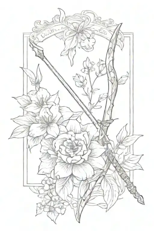 A Bow And Arrow Design With Kaiden's Name In The Middle Surrounded By Violets And Daffodils