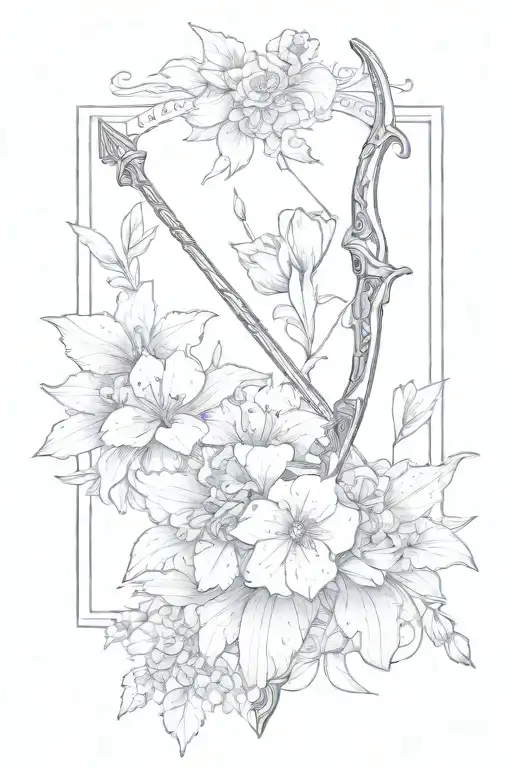 A Bow And Arrow Design With Kaiden's Name In The Middle Surrounded By Violets And Daffodils