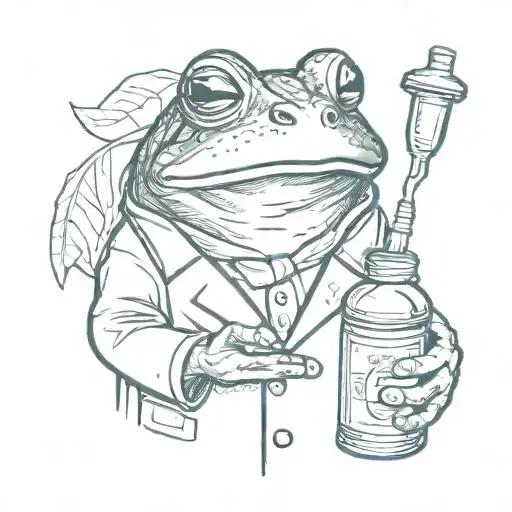 Sketch Style Tattoo Of A Frog Wearing A Pharmacist's Coat And Holding A Prescription Bottle