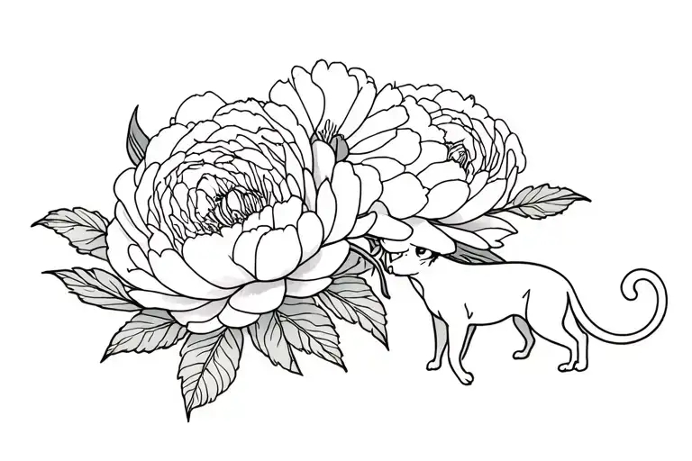 A Fine Line Peony Tattoo With 1 Or Multiple Heads With The Silhouette Of A Cat Walking Over Them