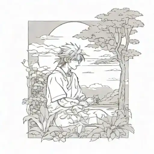 A Tattoo Of A Manga Character By Taiyo Matsumoto With A Background Of A Serene Park At Sunset