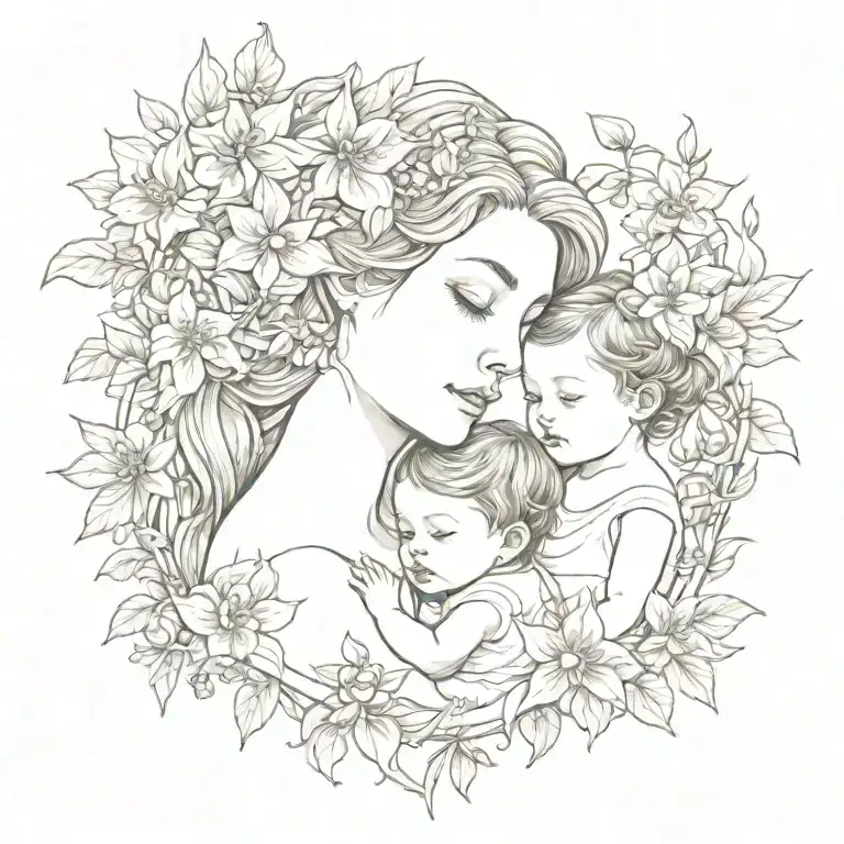 Mommy And Baby Girl With Larkspur Flowers Intertwined