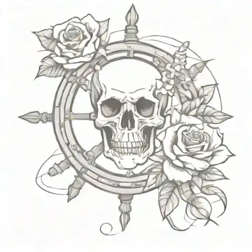 Skull Rose And Ship Wheel