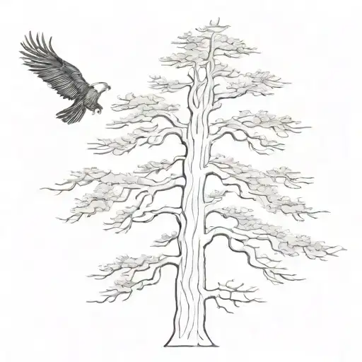A Minimalist Sketch Of A Cedar Tree Silhouette With An Eagle Soaring Above It