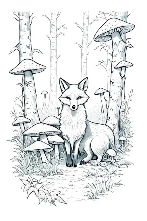 Forest Setting With Prominent Mushrooms And Dynamic Fox