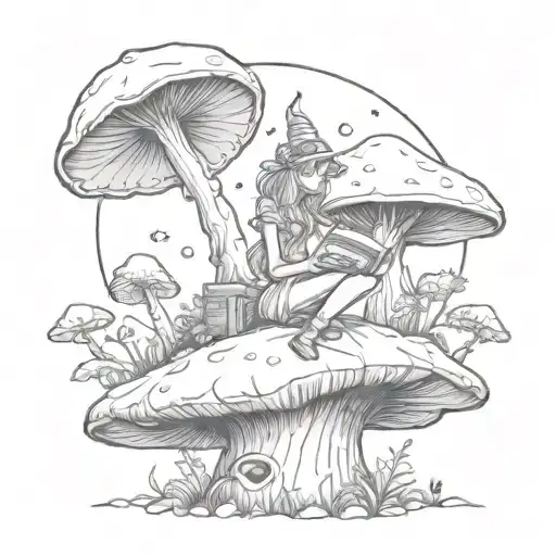 A Whimsical Fairy Sitting On A Giant Mushroom Reading A Book Under The Light Of A Full Moon