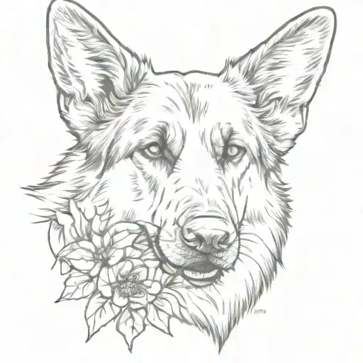 German Shepherd Long Hair Laying Down With Bent Ears Holding Flower In Mouth