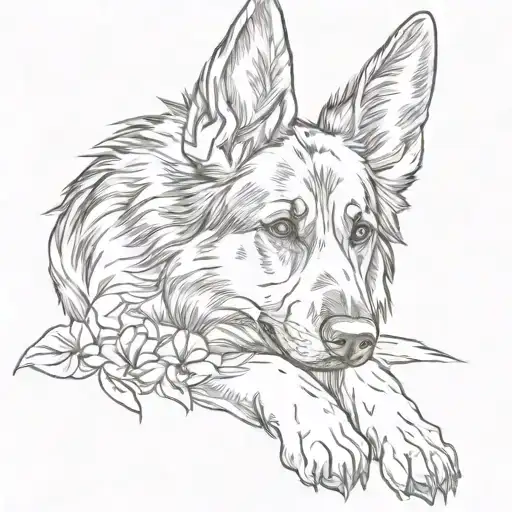 German Shepherd Long Hair Laying Down With Bent Ears Holding Flower In Mouth Minamalistic