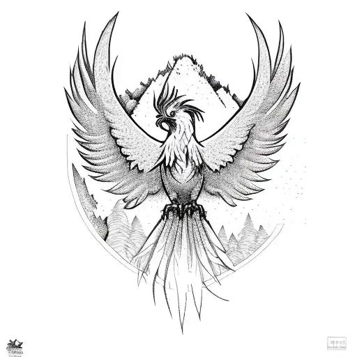 Phoenix Bird Rising From Ashes In A Forest Surrounded By Mountains