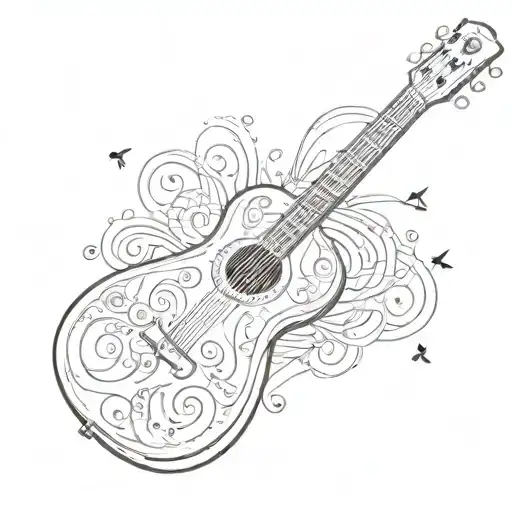 A Guitar With Intricate Details And Musical Notes Intertwined In The Design