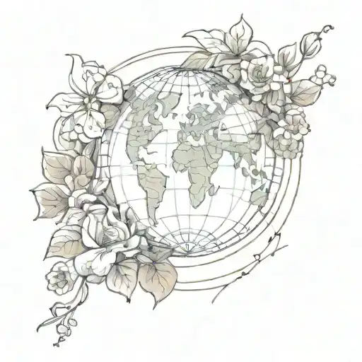 A Sketch Of A Globe Surrounded By A Wreath Of Flowers And Musical Notes