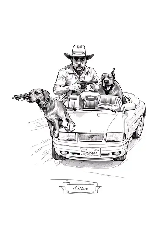 Realistic Gangster With Pistols On A Convertible With A Black Labrador