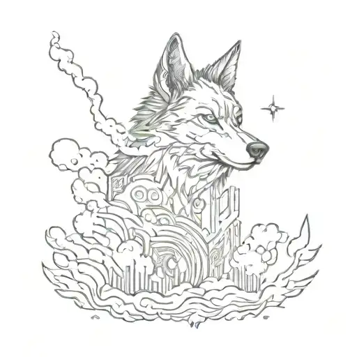 A Vaping Wolf Surrounded By Clouds Of Smoke And Pixelated Video Game Graphics