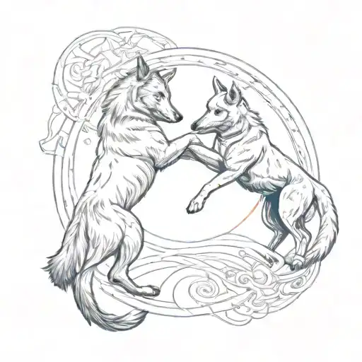 A Wolf And A Belgian Malinois Sparring In A Celestial Ring