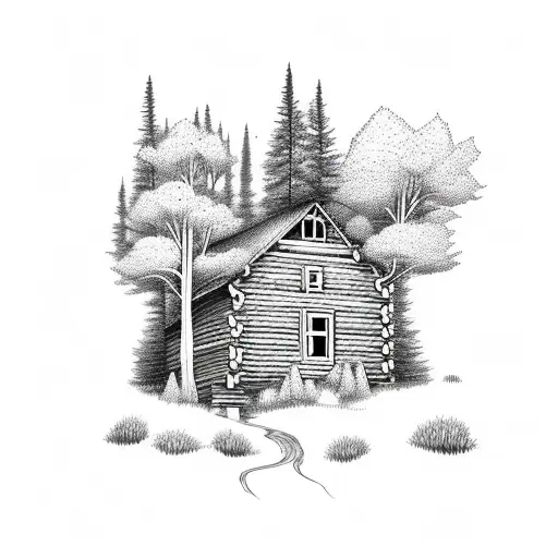 Forest With Cabin In Background