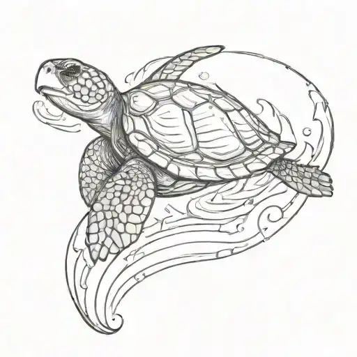 A Sketch-style Tattoo Of A Tribal Sea Turtle Riding A Wave