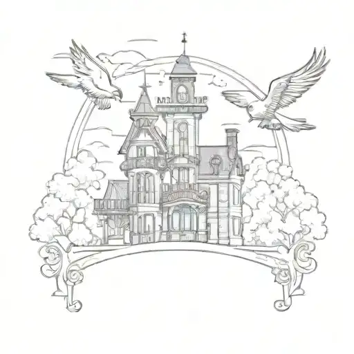A Creative Design Of The Disney Haunted Mansion With A Cardinal Flying Above It