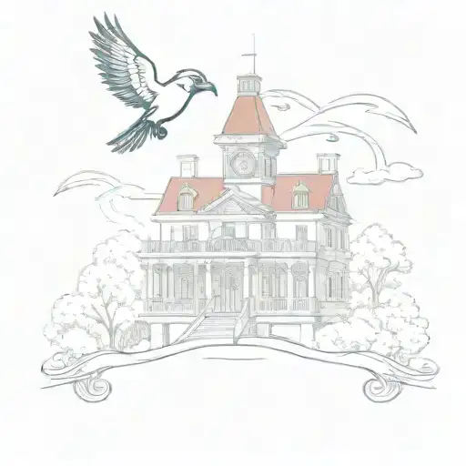A Creative Design Of The Disney Haunted Mansion With A Cardinal Flying Above It
